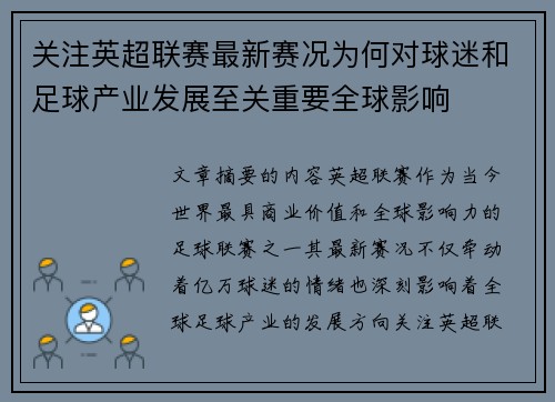 关注英超联赛最新赛况为何对球迷和足球产业发展至关重要全球影响